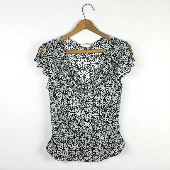 Y2K A. Byer Black & White Floral Print Artsy Cowl Neck Vintage Blouse - Picture 1 of 9
